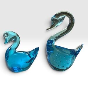 Vintage Blue Art Glass Swan Figurines Pair Hand Blown Controlled Bubble Aqua
